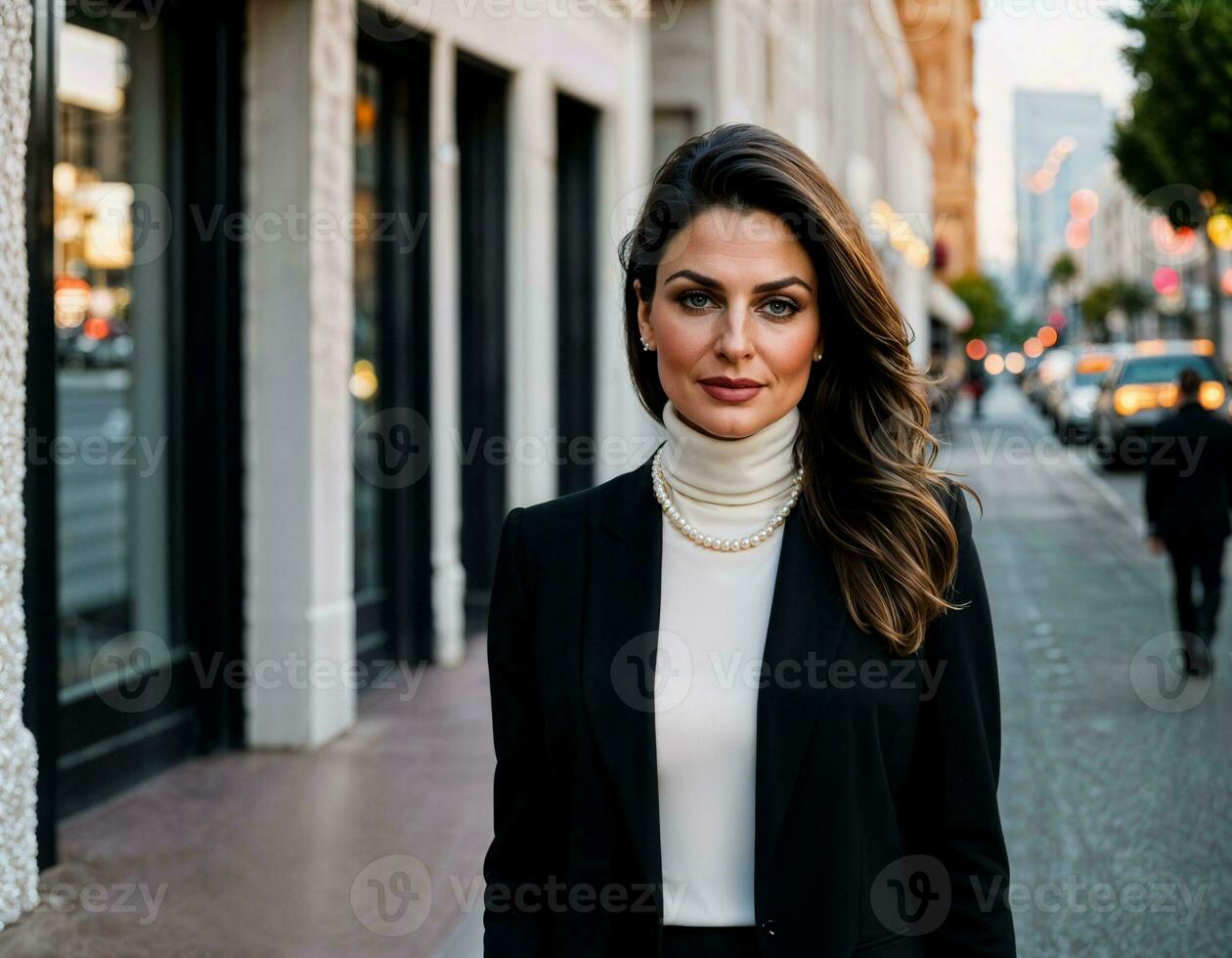 AI generated photo of beautiful indian woman with with white turtle neck sweater and necklace standing at the pavement city, generative AI