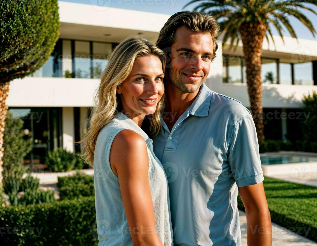 AI generated photo of beautiful and handsome lover standing at their penthouse resident, generative AI