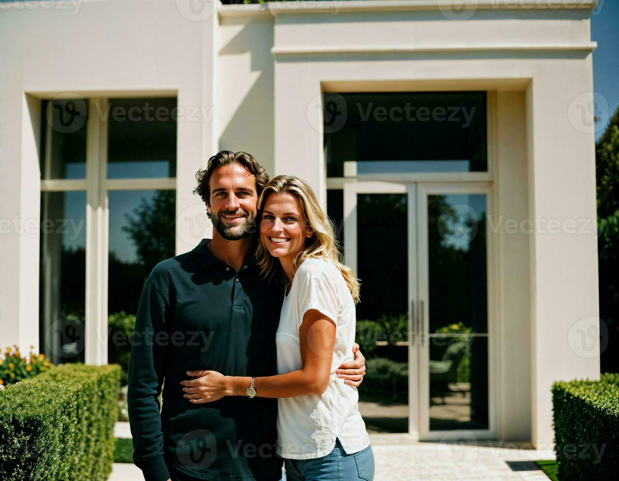 AI generated photo of beautiful and handsome lover standing at their penthouse resident, generative AI