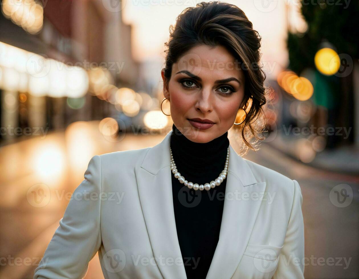 AI generated photo of beautiful indian woman with with white turtle neck sweater and necklace standing at the pavement city, generative AI