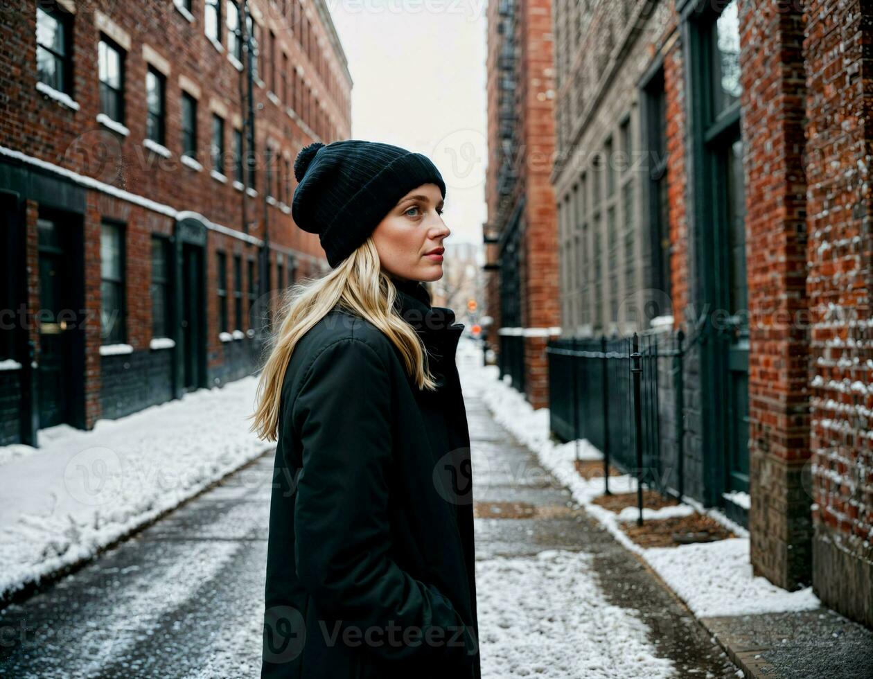 AI generated photo of beautiful woman with winter coat standing in front of building in winter season, generative AI