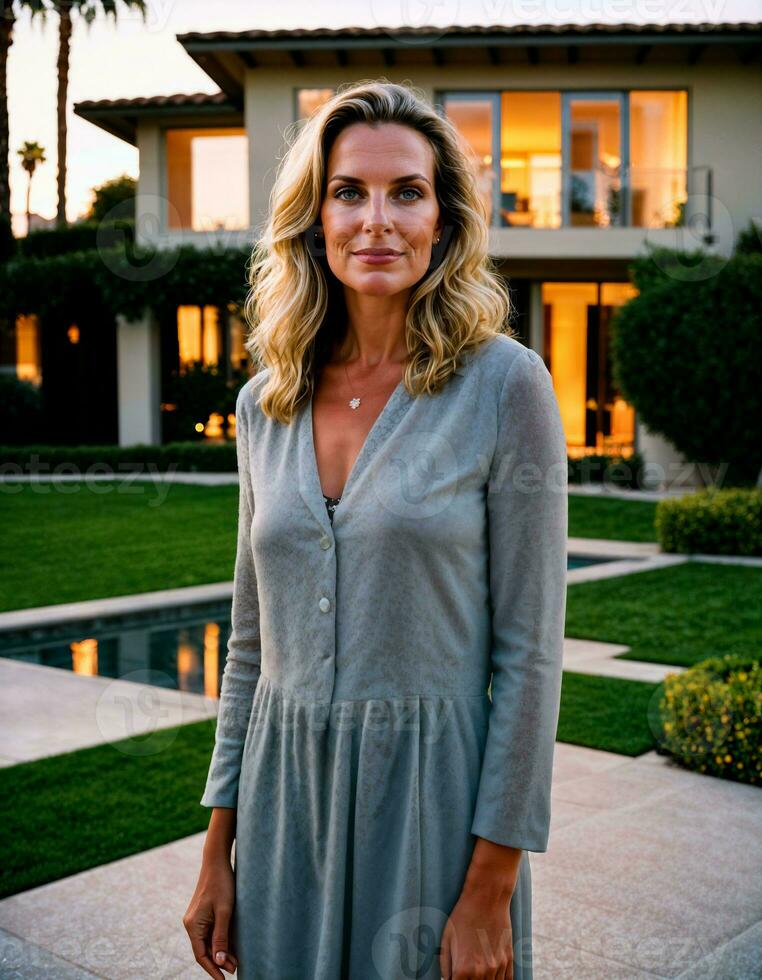 AI generated photo of beautiful woman standing at her penthouse resident, generative AI