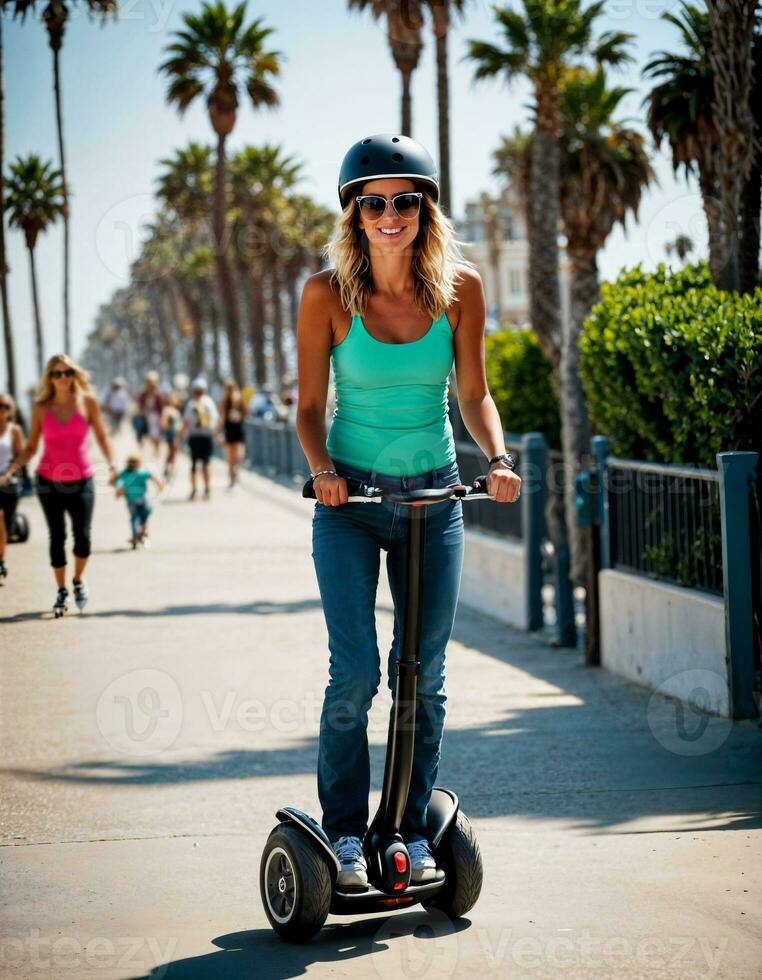 AI generated photo of beautiful woman with sunglasses and helmet riding segway scooter at sand beach city street, generative AI
