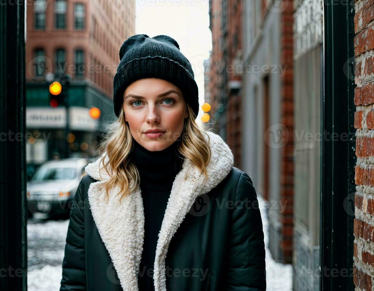 AI generated photo of beautiful woman with winter coat standing in front of building in winter season, generative AI