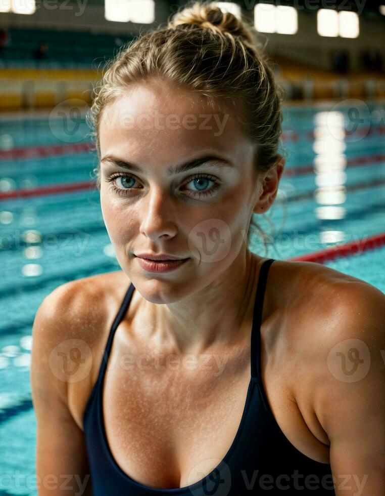 ai generado foto de hermosa mujer como un nadador atleta con nadando traje a nadando piscina, generativo ai