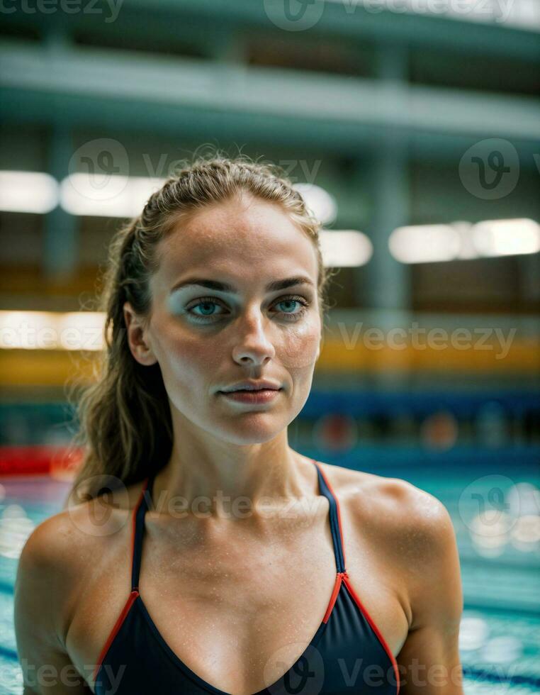 ai generado foto de hermosa mujer como un nadador atleta con nadando traje a nadando piscina, generativo ai