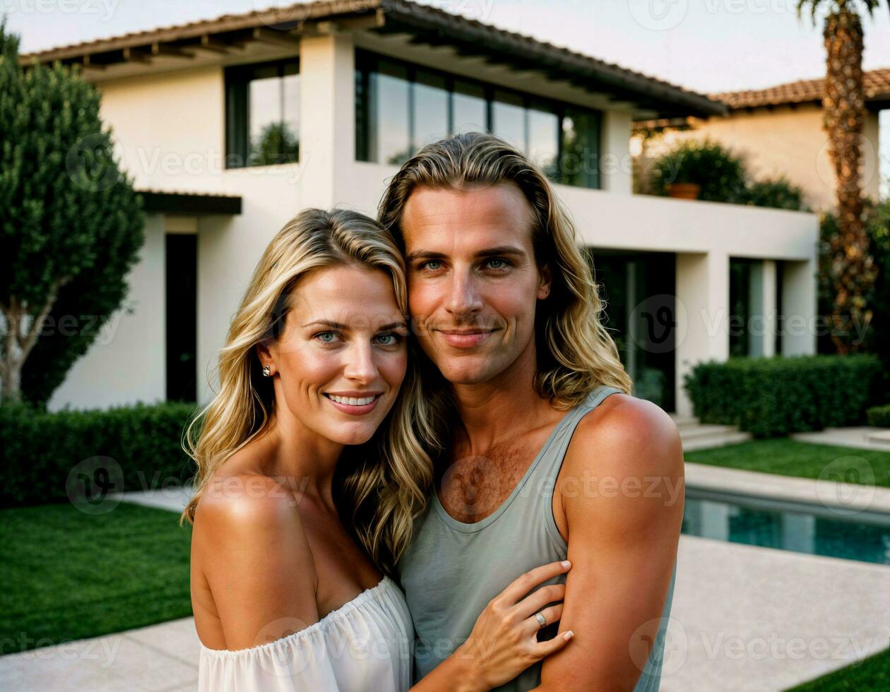 AI generated photo of beautiful and handsome lover standing at their penthouse resident, generative AI