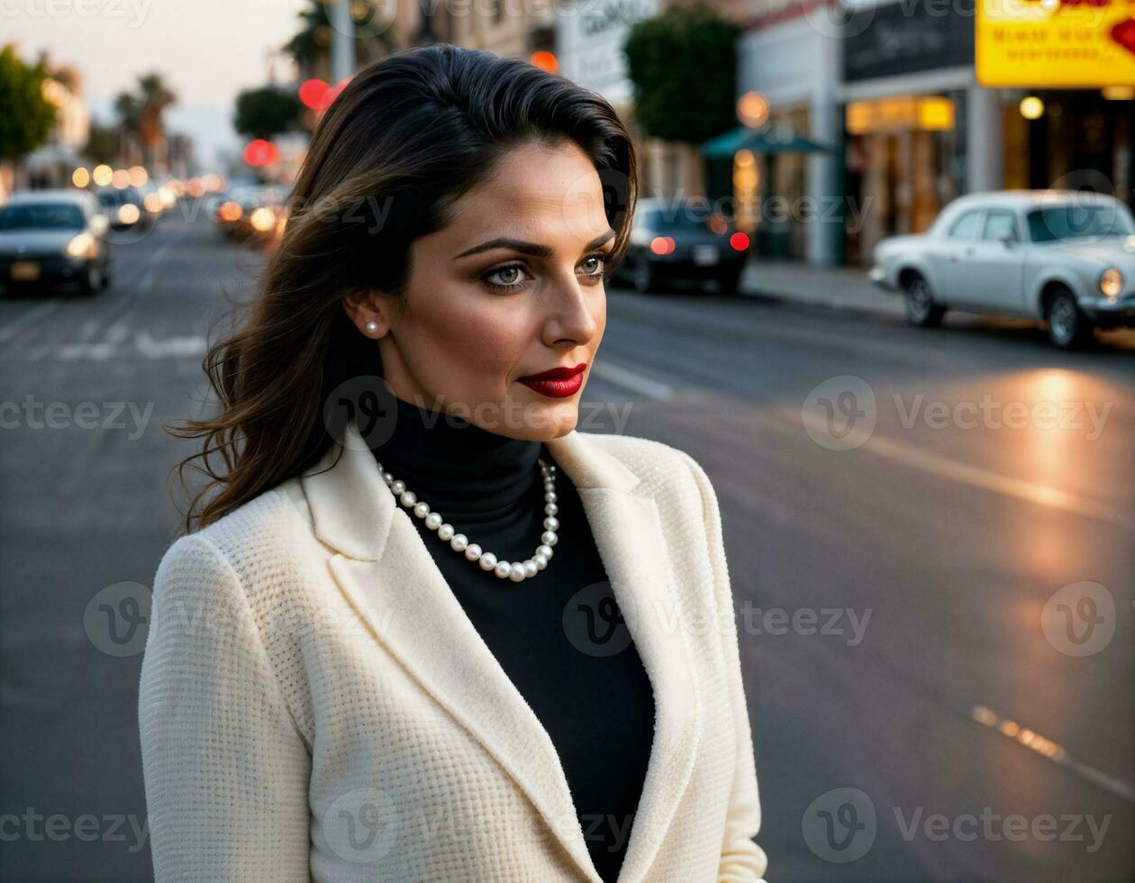 AI generated photo of beautiful indian woman with with white turtle neck sweater and necklace standing at the pavement city, generative AI