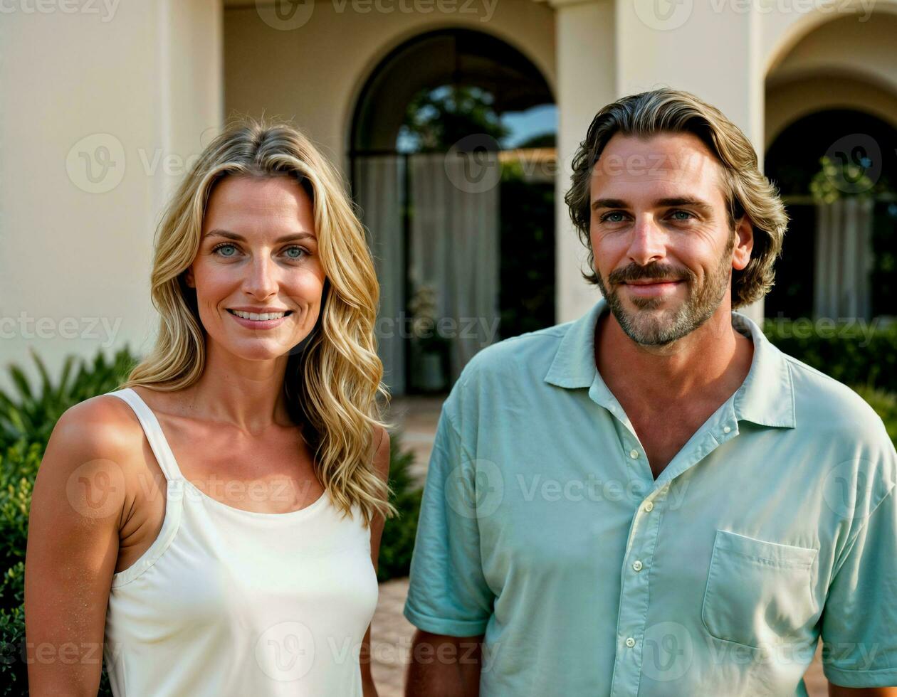 AI generated photo of beautiful and handsome lover standing at their penthouse resident, generative AI