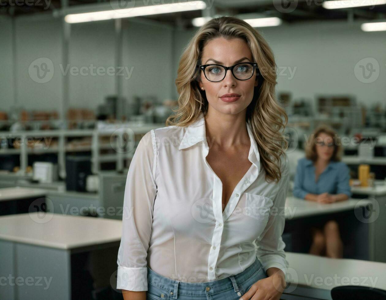 AI generated photo of beautiful woman with blonde hair and white shirt top and glasses as a office secretary standing at the office, generative AI