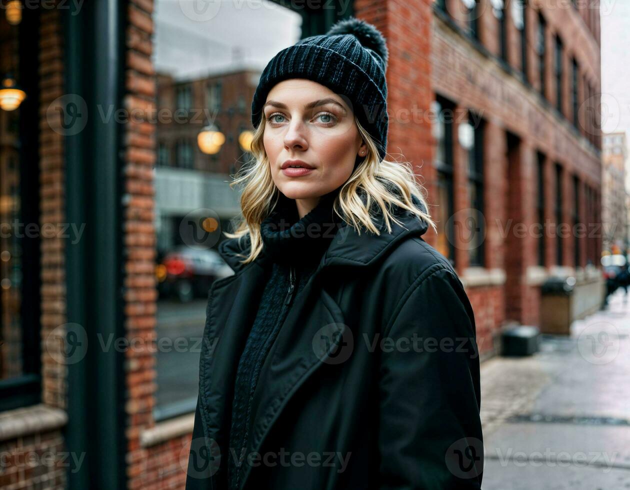 AI generated photo of beautiful woman with winter coat standing in front of building in winter season, generative AI