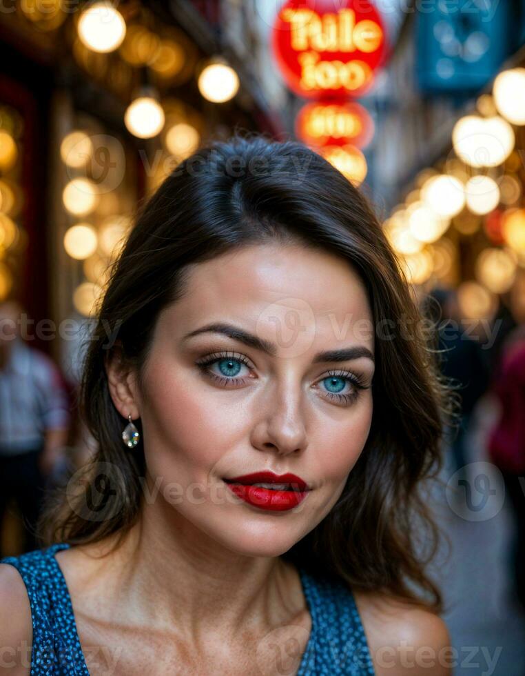 AI generated photo of beautiful woman with print sleeveless dress and big red lips and blue eyes at europe street, generative AI