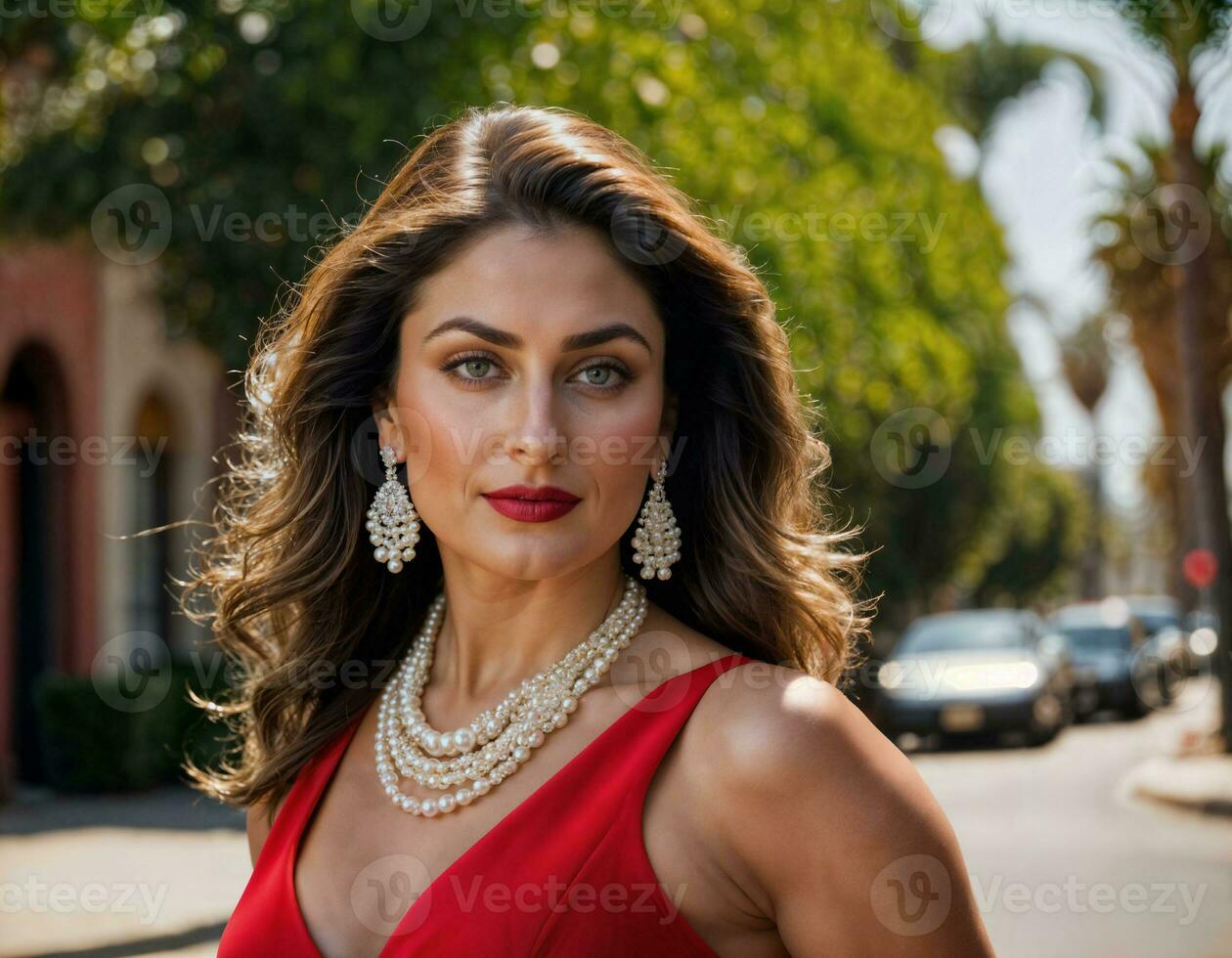 AI generated photo of beautiful indian woman with red sleeveless suit and pearl necklace standing at the pavement city, generative AI