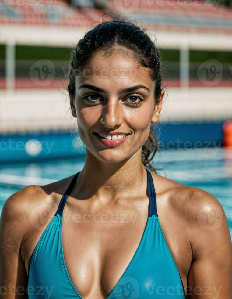 ai generado foto de hermosa mujer como un nadador atleta con nadando traje a nadando piscina, generativo ai