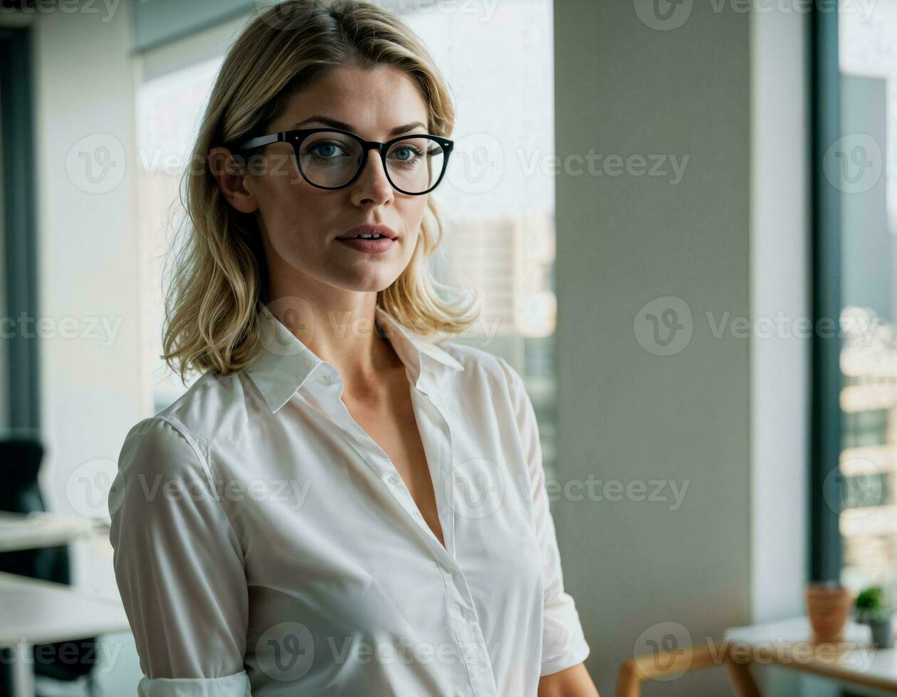 AI generated photo of beautiful woman with blonde hair and white shirt top and glasses as a office secretary standing at the office, generative AI