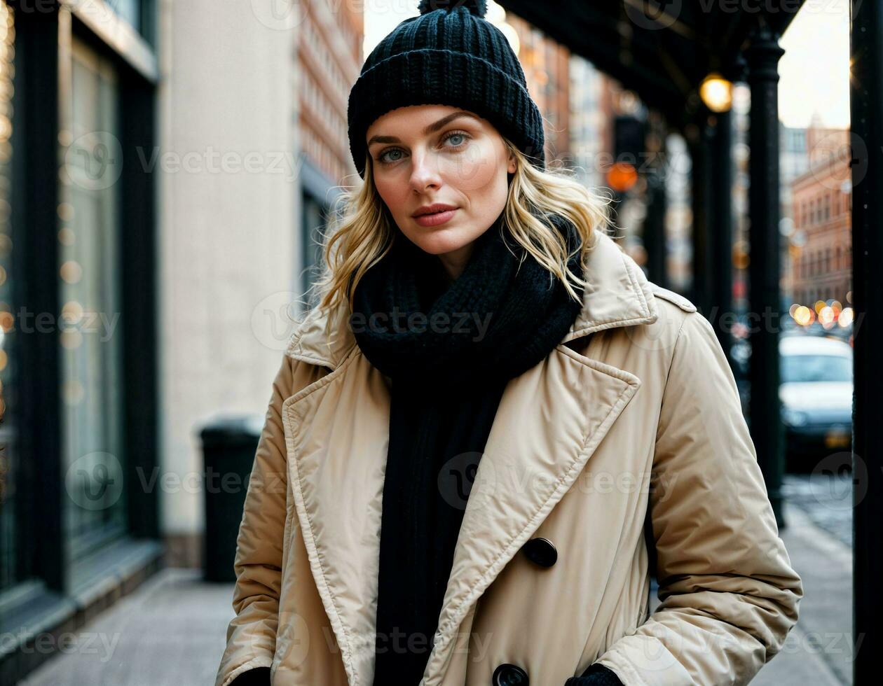 ai generado foto de hermosa mujer con invierno Saco en pie en frente de edificio en invierno estación, generativo ai