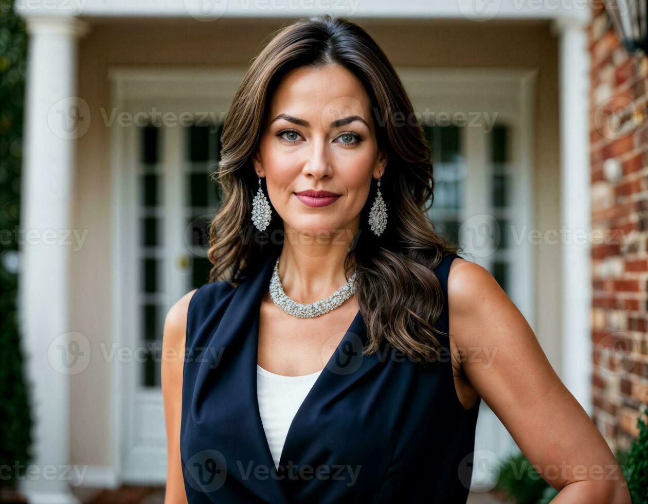 AI generated photo of beautiful woman with navy Sleeveless Waistcoat Suit standing at outside her house, generative AI