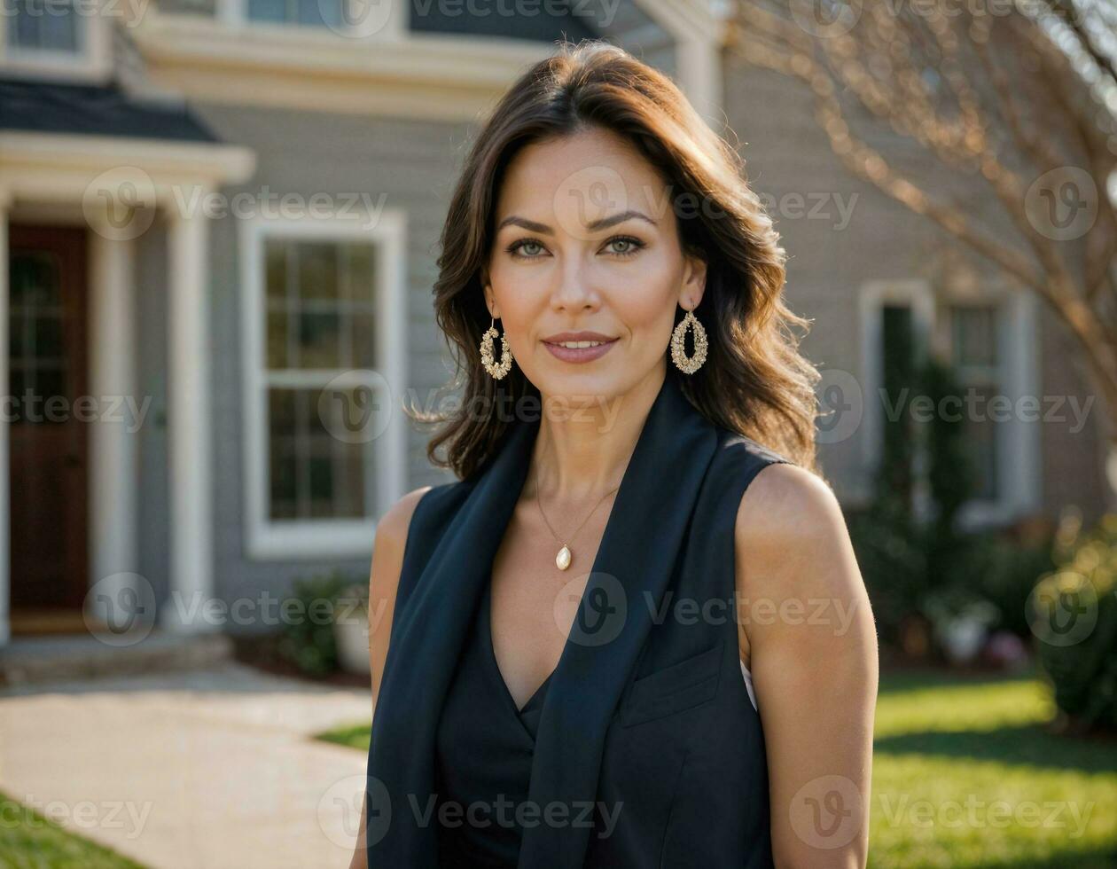 AI generated photo of beautiful woman with navy Sleeveless Waistcoat Suit standing at outside her house, generative AI