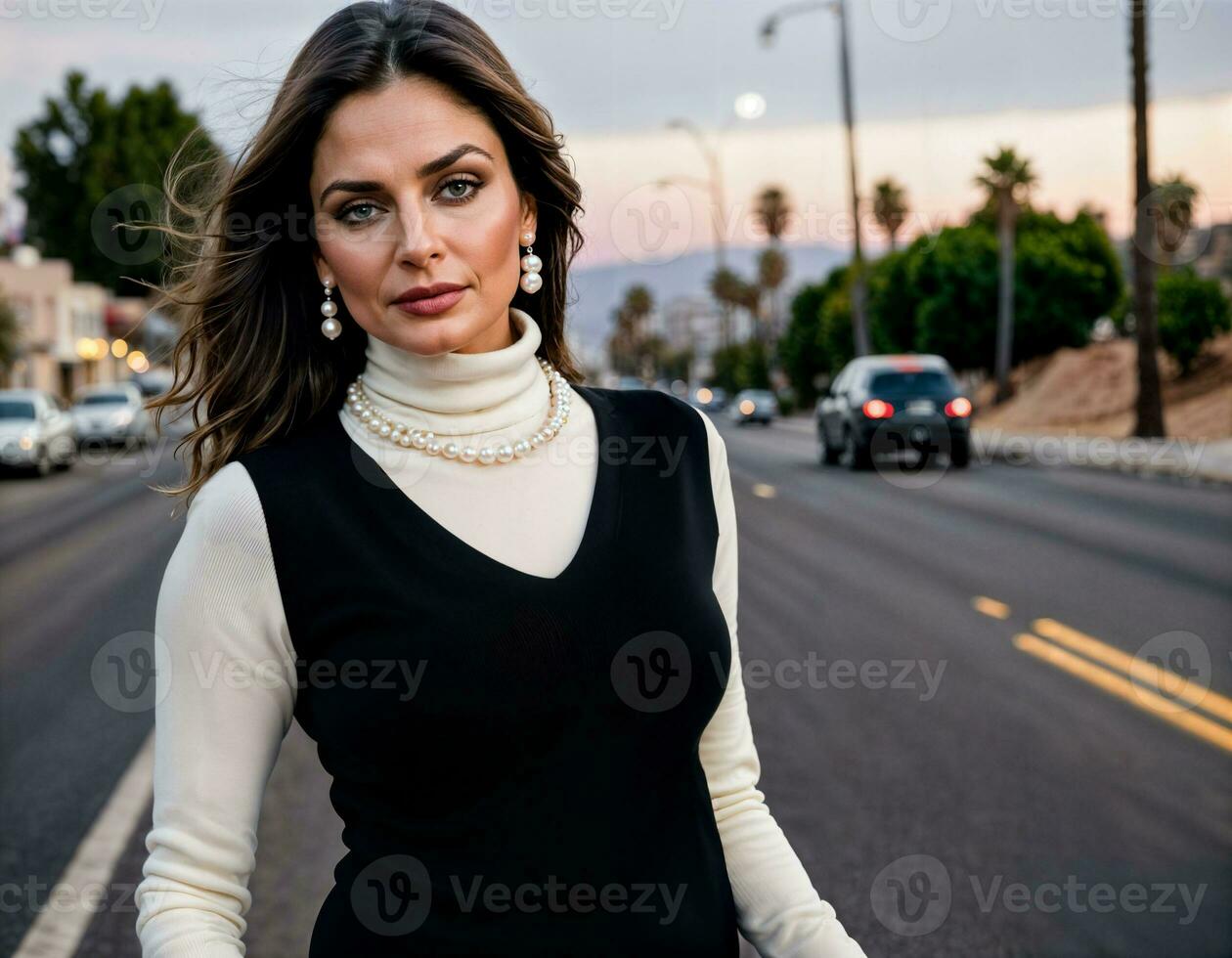 AI generated photo of beautiful indian woman with with white turtle neck sweater and necklace standing at the pavement city, generative AI