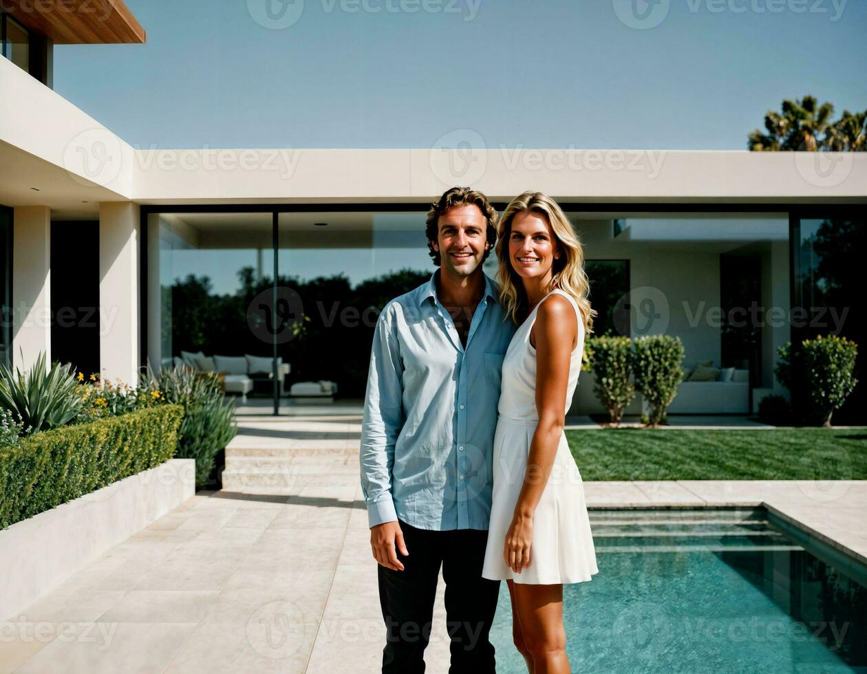AI generated photo of beautiful and handsome lover standing at their penthouse resident, generative AI