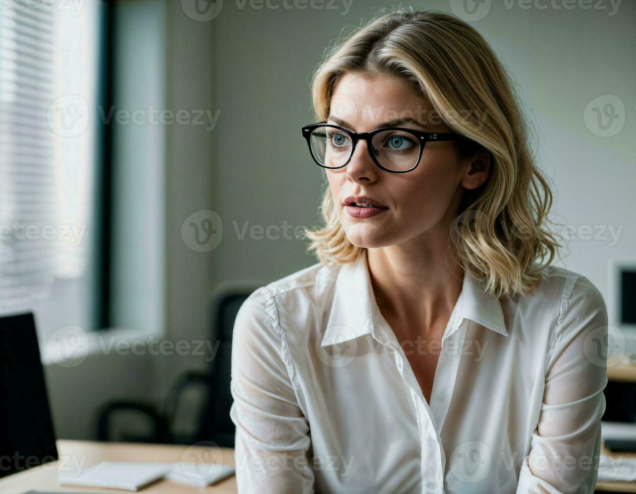 AI generated photo of beautiful woman with blonde hair and white shirt top and glasses as a office secretary standing at the office, generative AI