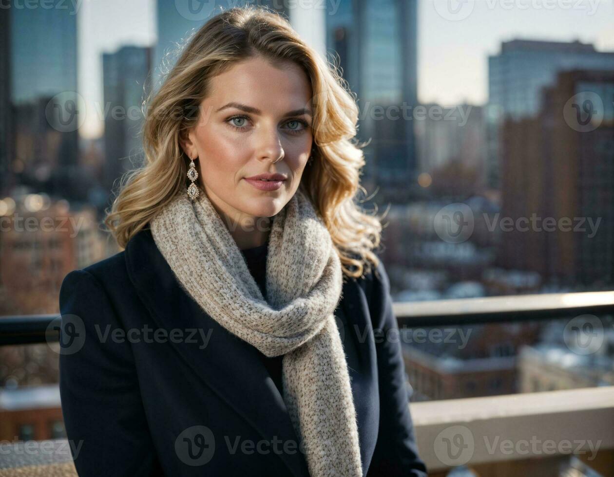 AI generated photo of beautiful woman with navy coat and scarf standing at balcony residence living room, generative AI