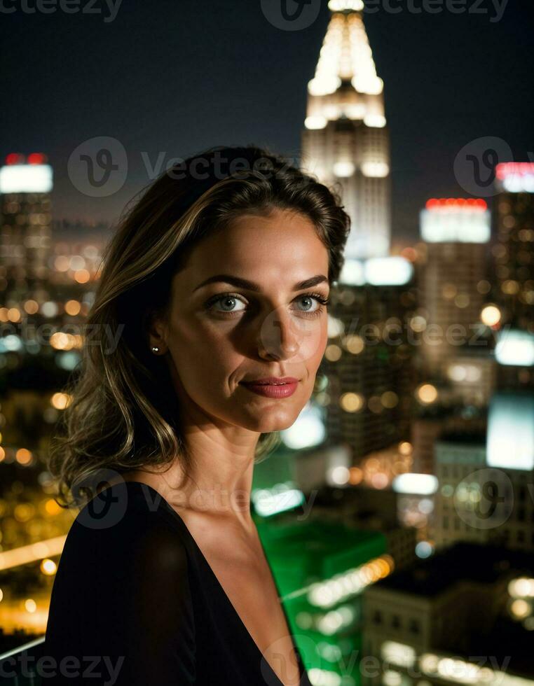 AI generated photo of beautiful woman standing at balcony with city building in background at night, generative AI