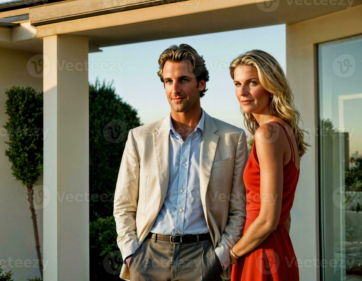 AI generated photo of beautiful and handsome lover standing at their penthouse resident, generative AI