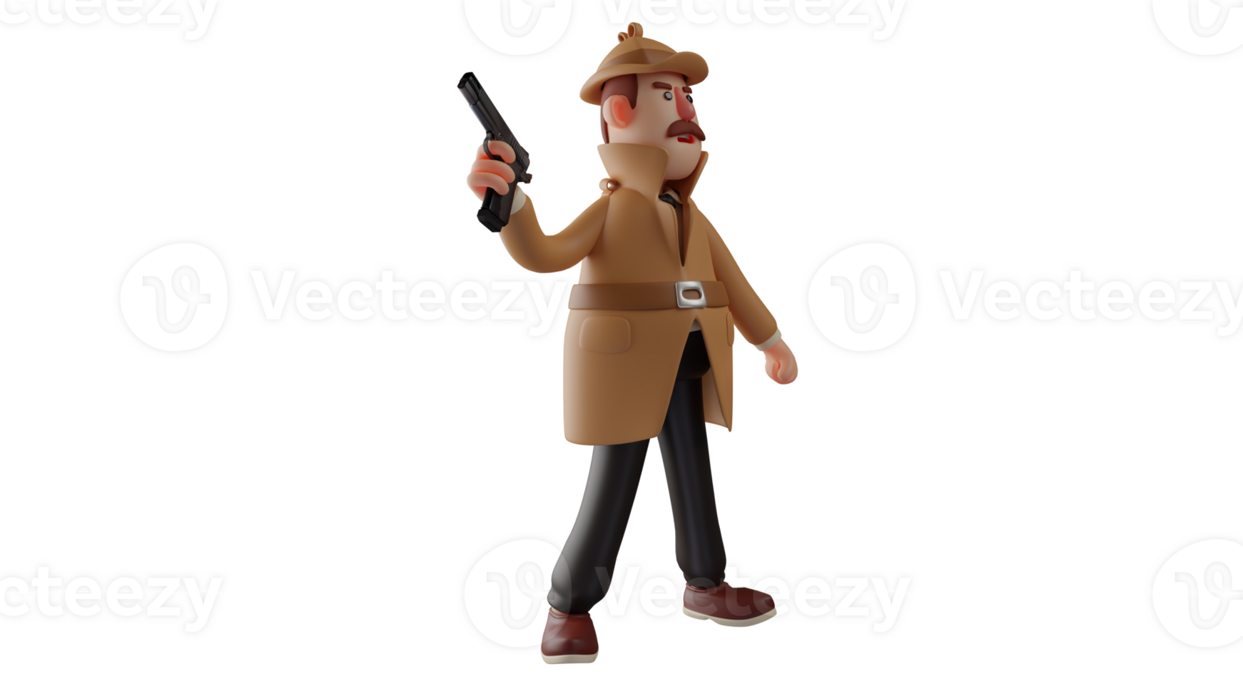 3D illustration. Authoritative Police 3D Cartoon Character. Police wore brown coats and hats. Police become detectives on a case. Policeman holds a gun while stalking his enemy. 3D cartoon character png