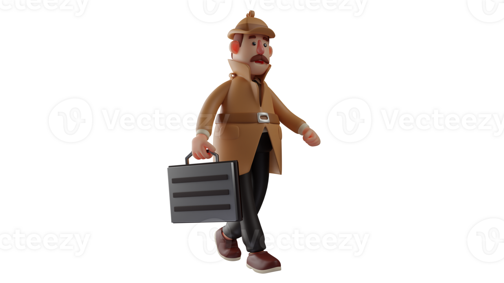 3D illustration. Detective 3D Cartoon Character. The detective walks while carrying a suitcase. The detective looks very dignified in the brown suit he is wearing. 3D cartoon character png