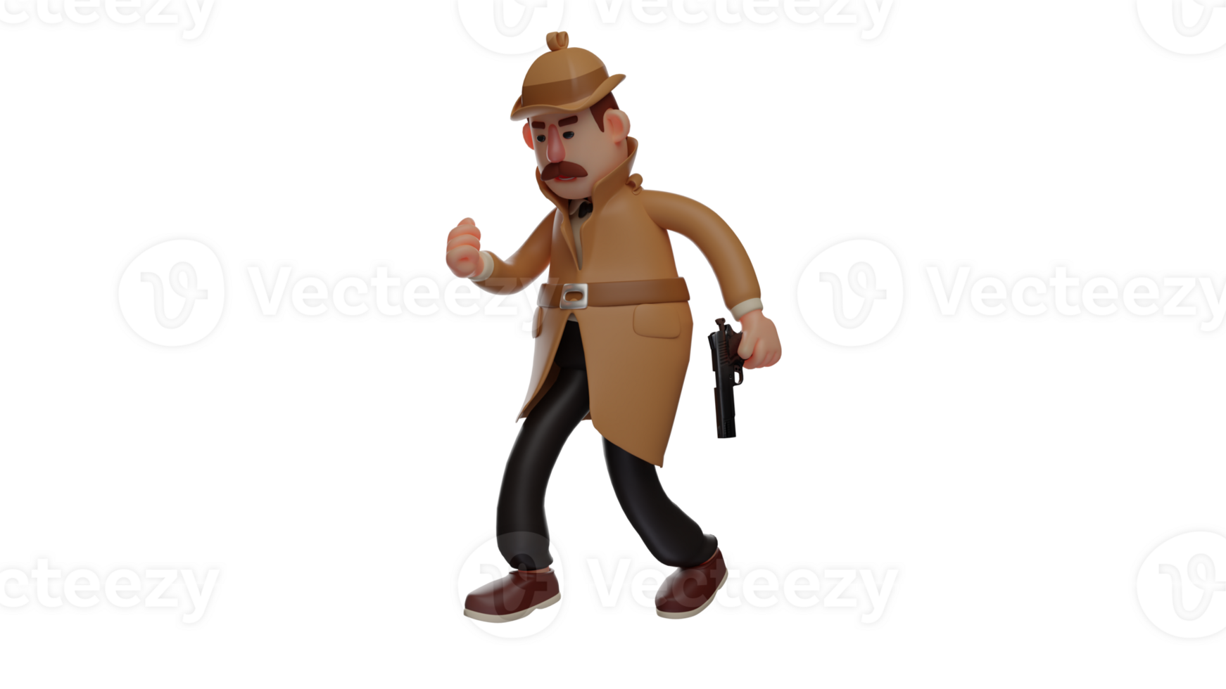 3D illustration. Scary Detective 3D Cartoon Character. The detective was walking around with a gun. The detective was carrying out his duties and showed a serious expression. 3D cartoon character png