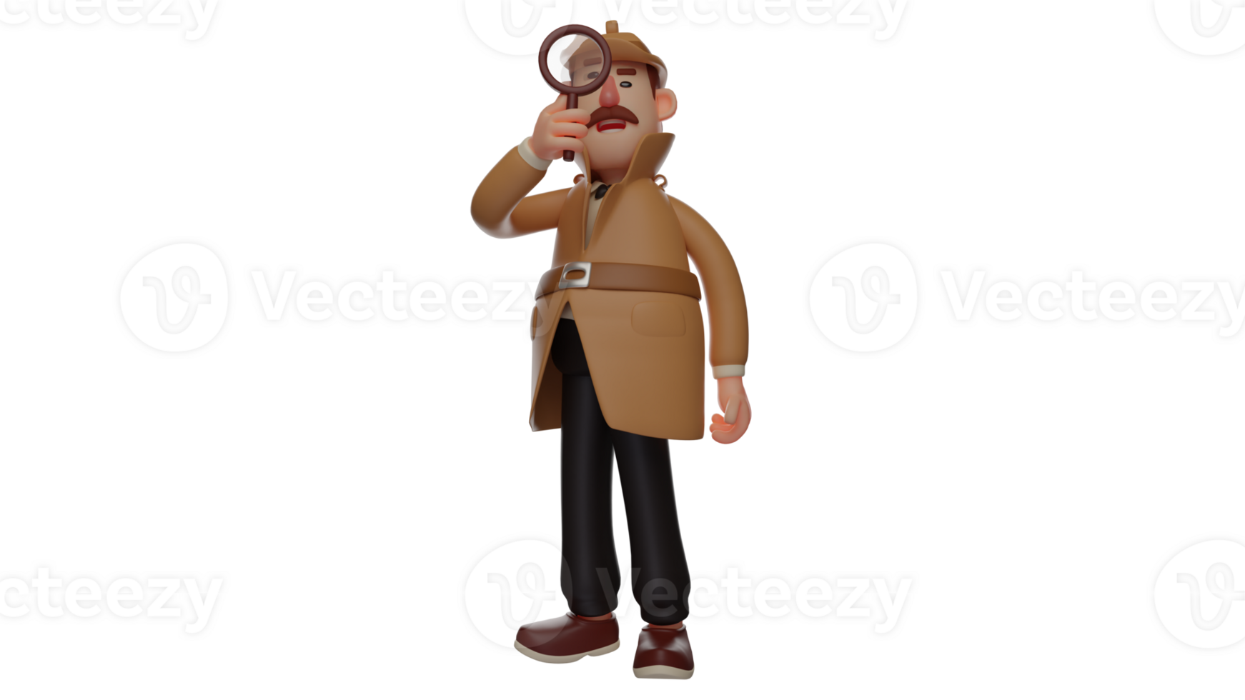 3D illustration. Mustache Detective 3D Cartoon Character. Detective holding a magnifying glass and using it to examine something. A thorough detective who is watching something. 3D cartoon character png