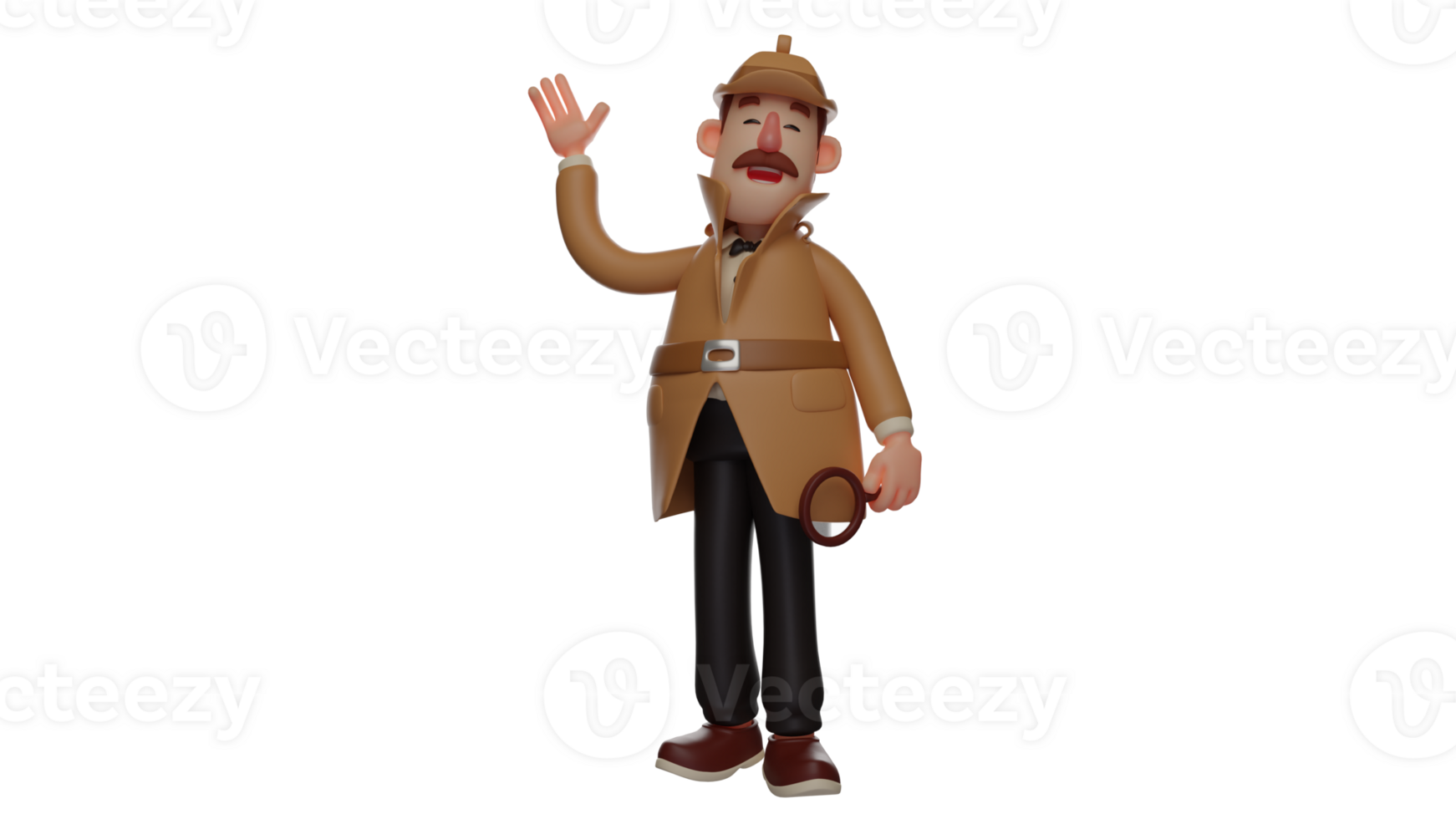 3D illustration. Detective 3D Cartoon Character. The detective stood up and laughed happily. The friendly detective waves his hand to someone he meets on the street. 3D cartoon character png