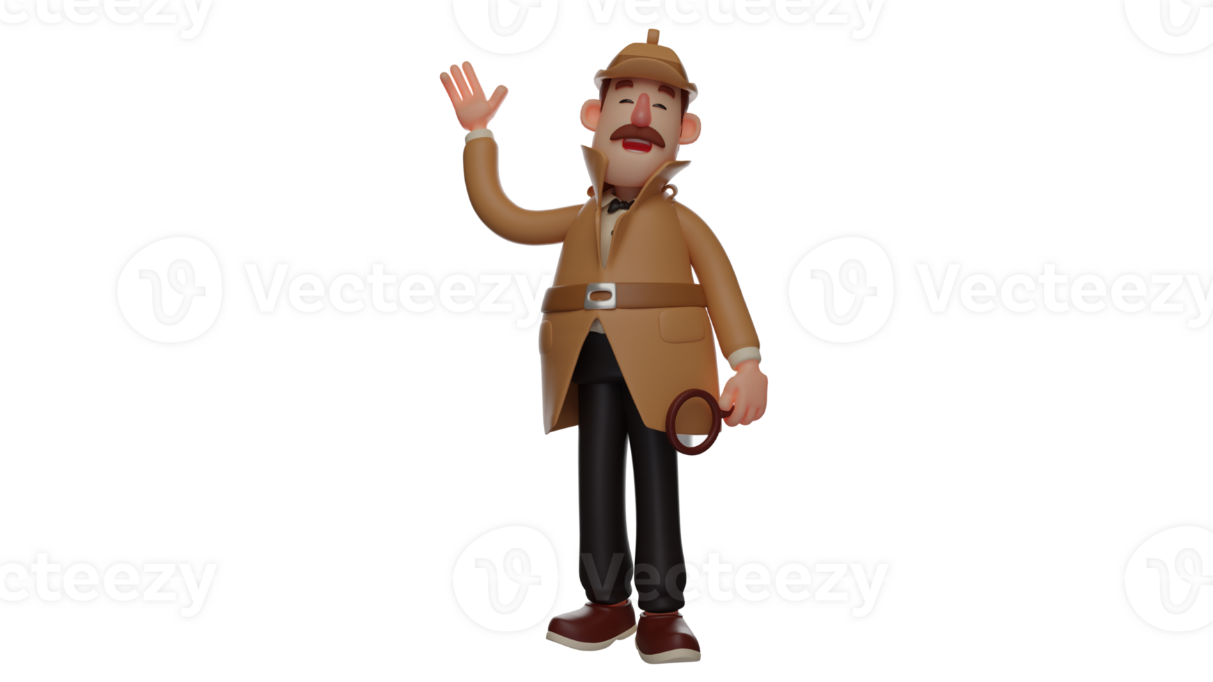 3D illustration. Detective 3D Cartoon Character. The detective stood up and laughed happily. The friendly detective waves his hand to someone he meets on the street. 3D cartoon character png