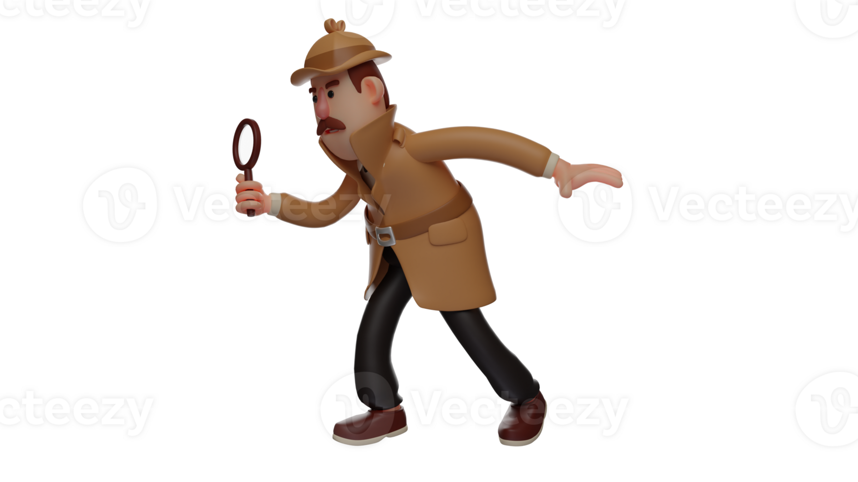 3D illustration. Brave Detective 3D Cartoon Character. Detective tread carefully so that not many people find out. Detective was scouting something and bring his magnifying glass. 3D cartoon character png