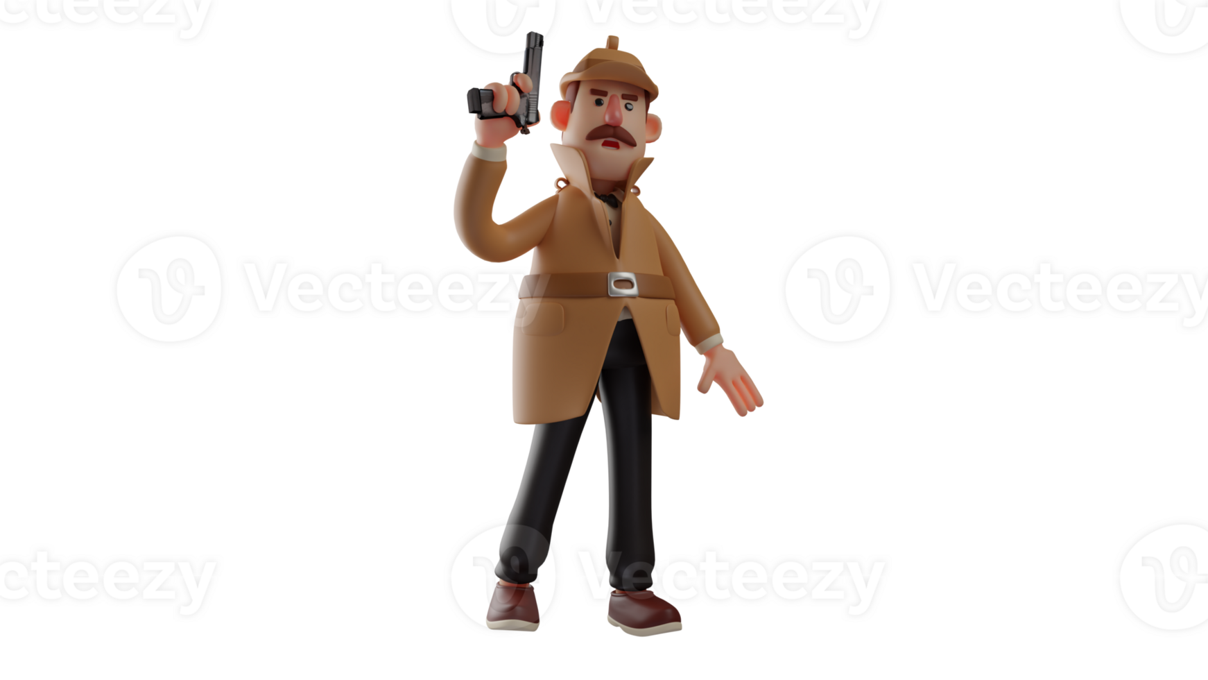 3D illustration. Chief Detective 3D Cartoon Character. The detective raised his gun up. Detective find his quarry and ready to arrest him. The detective looks serious. 3D cartoon character png