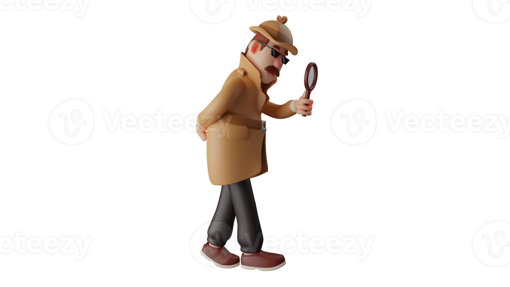 3D illustration. Handsome Detective 3D Cartoon Character. Detective is examining something using a magnifying glass. Man looks very serious when carrying out his duties. 3D cartoon character png