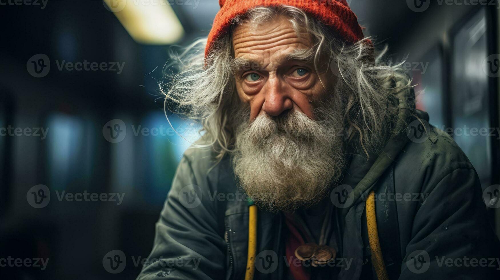 AI generated Subway Solitude - A Glimpse into Aging Homelessness photo
