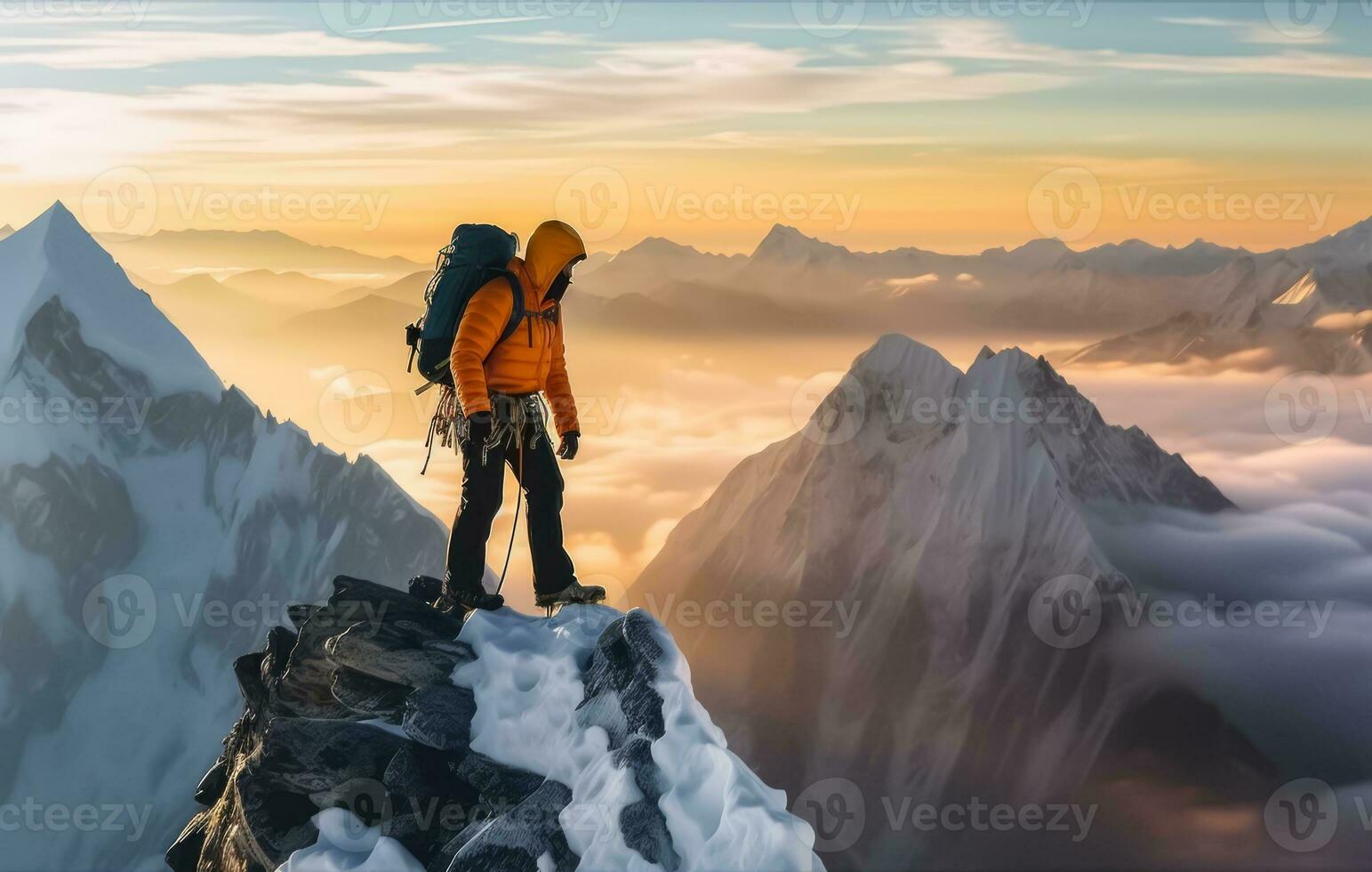 ai generado alpino conquista - equipado trepador alcanza montaña parte superior foto
