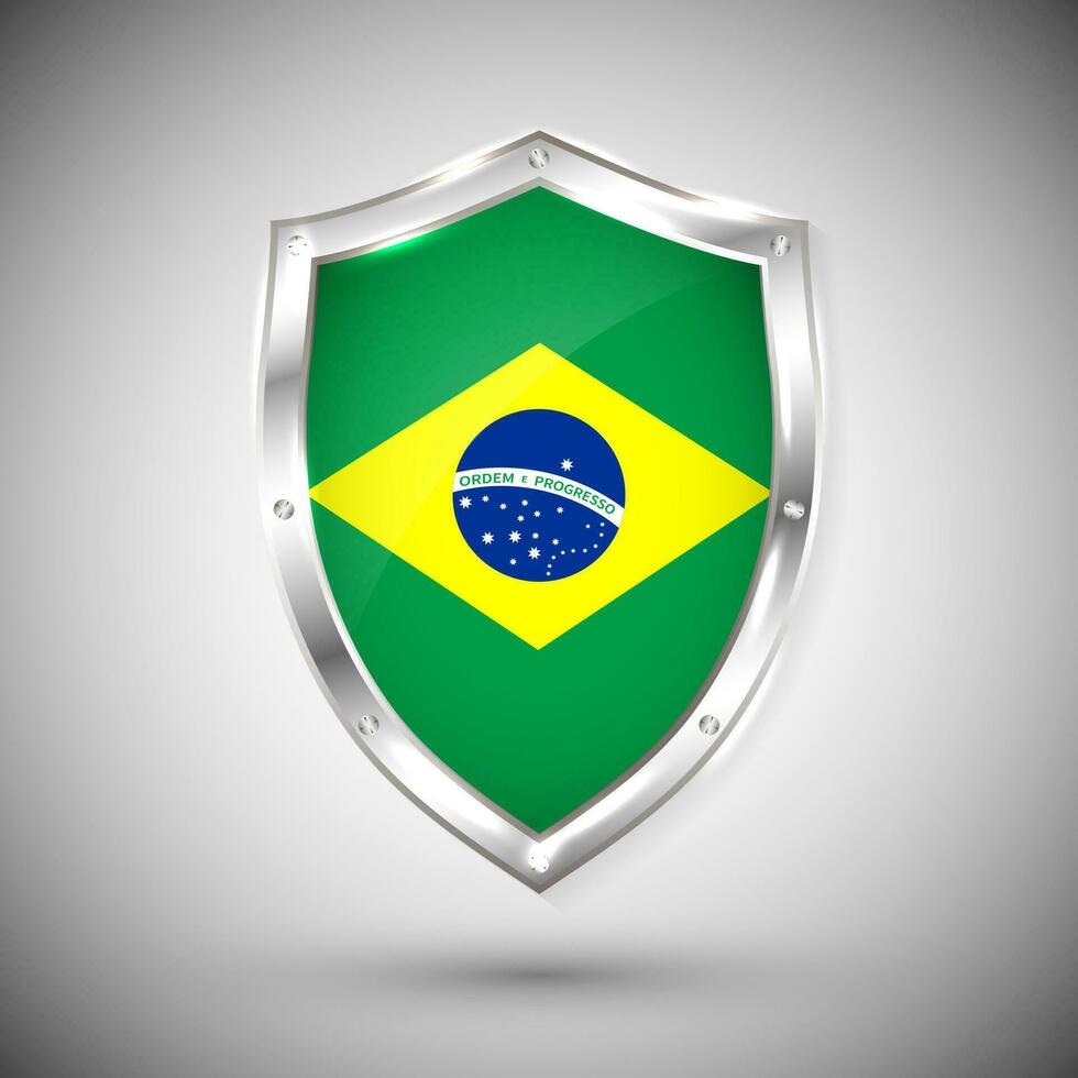 Brazil flag on metal shiny shield vector illustration. Collection of flags on shield against white background. Abstract isolated object