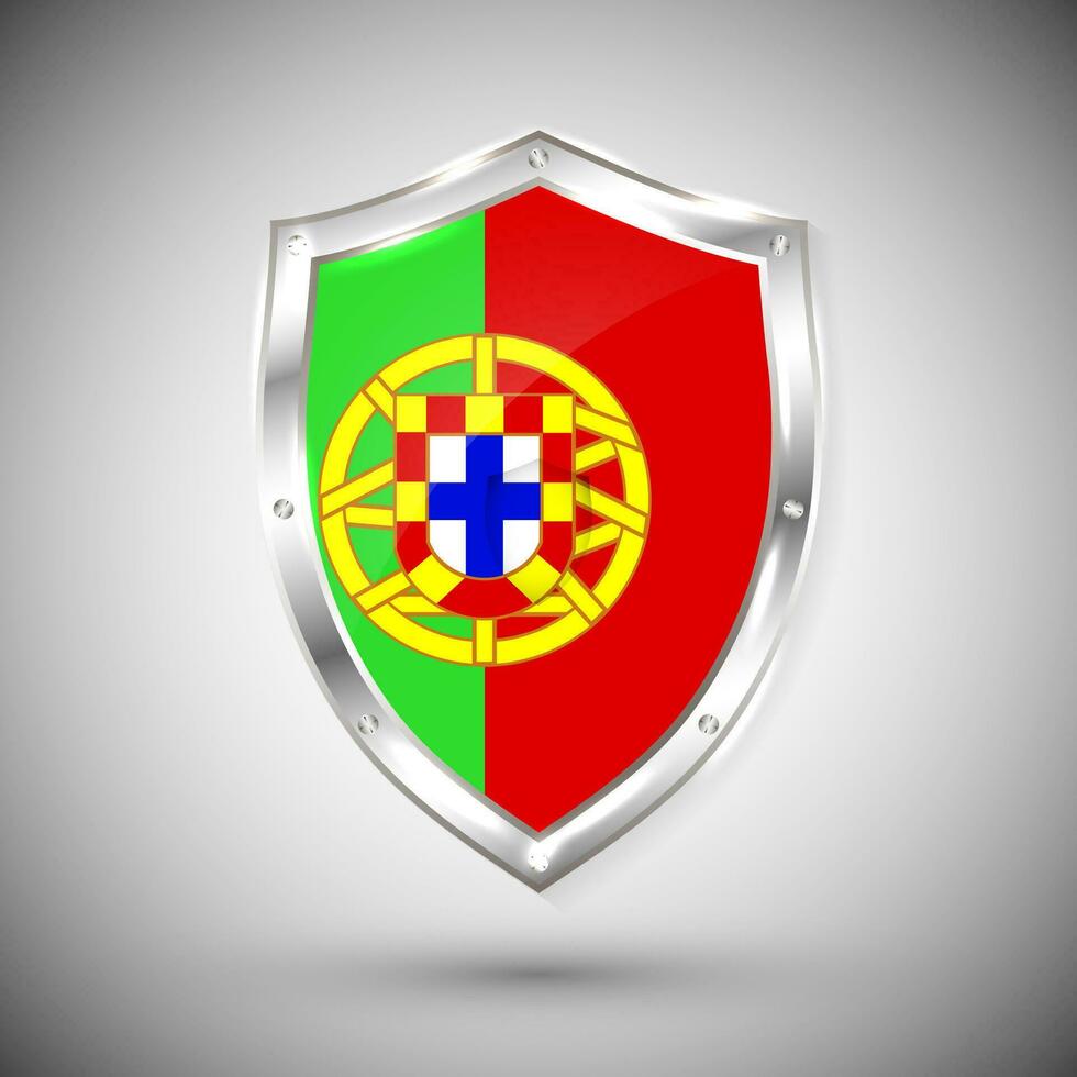 Portugal bandera en metal brillante proteger vector ilustración. colección de banderas en proteger en contra blanco antecedentes. resumen aislado objeto