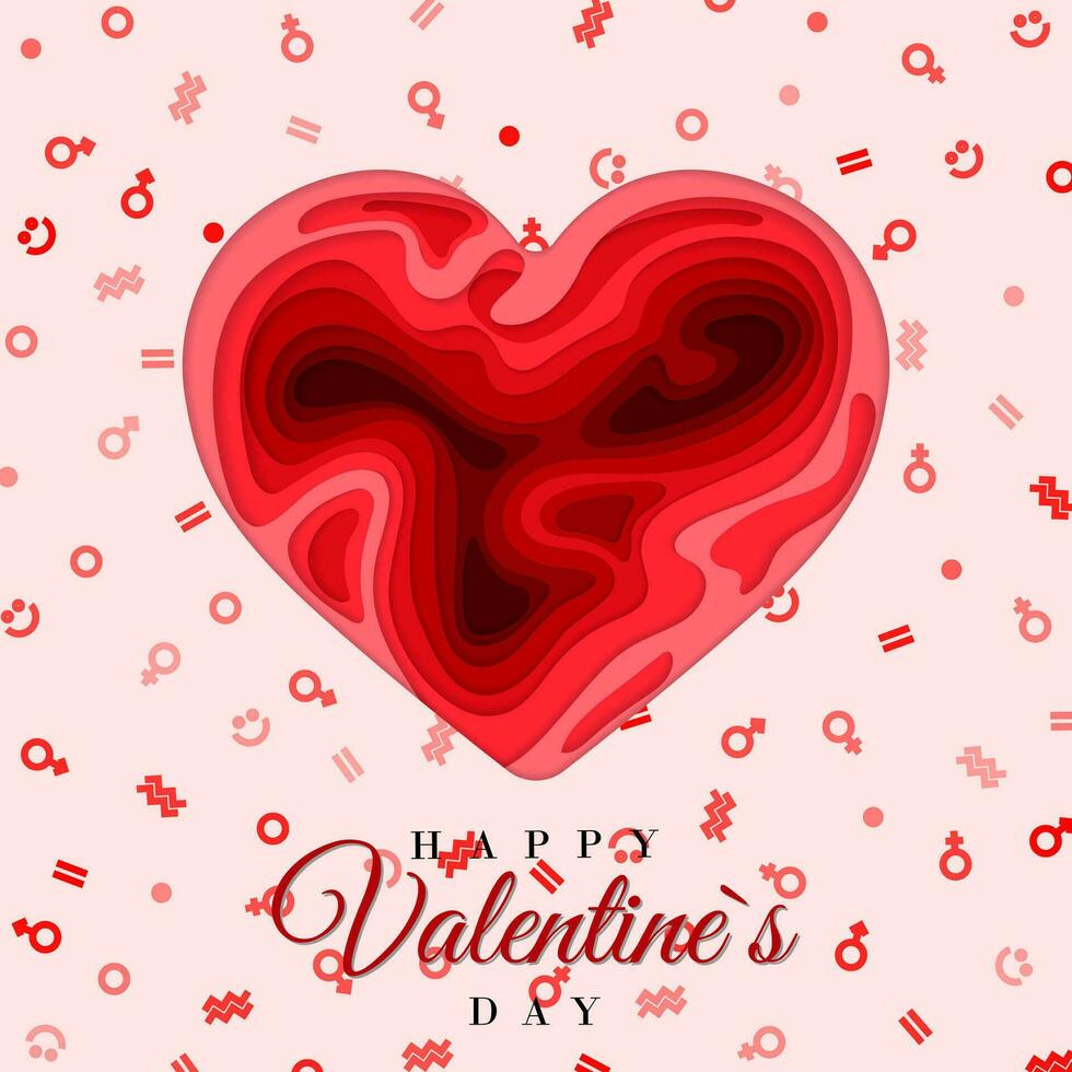 Happy Valentines Day. 3d paper cut heart concept design  greeting card. Paper carving heart shapes with shadow. February 14. Vector illustration
