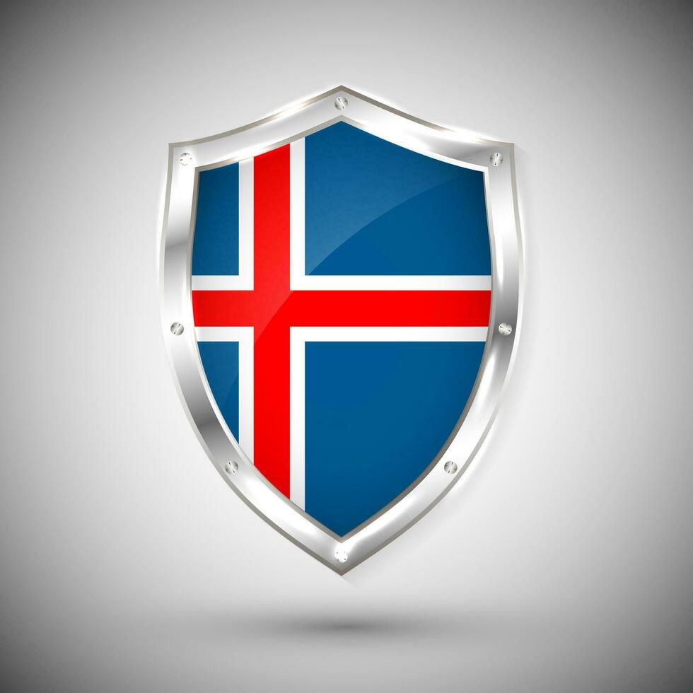 Iceland flag on metal shiny shield vector illustration. Collection of flags on shield against white background. Abstract isolated object
