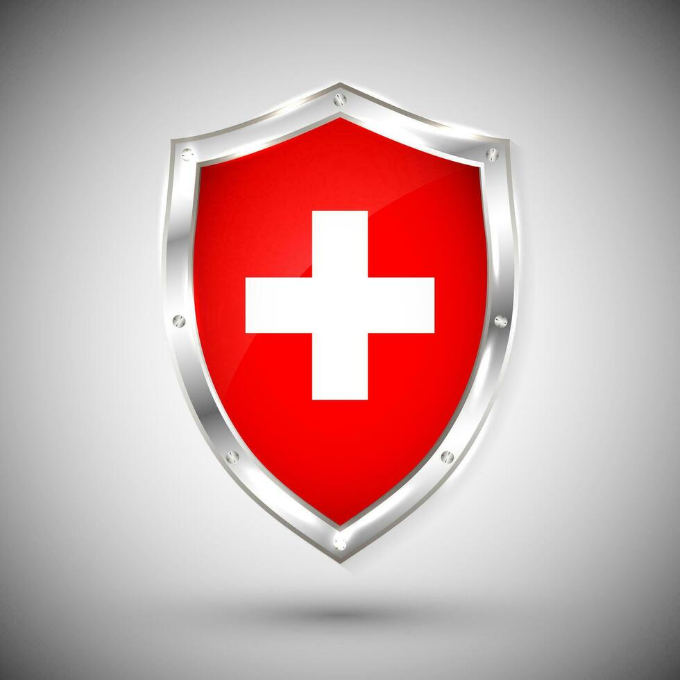 Switzerland flag on metal shiny shield vector illustration. Collection of flags on shield against white background. Abstract isolated object