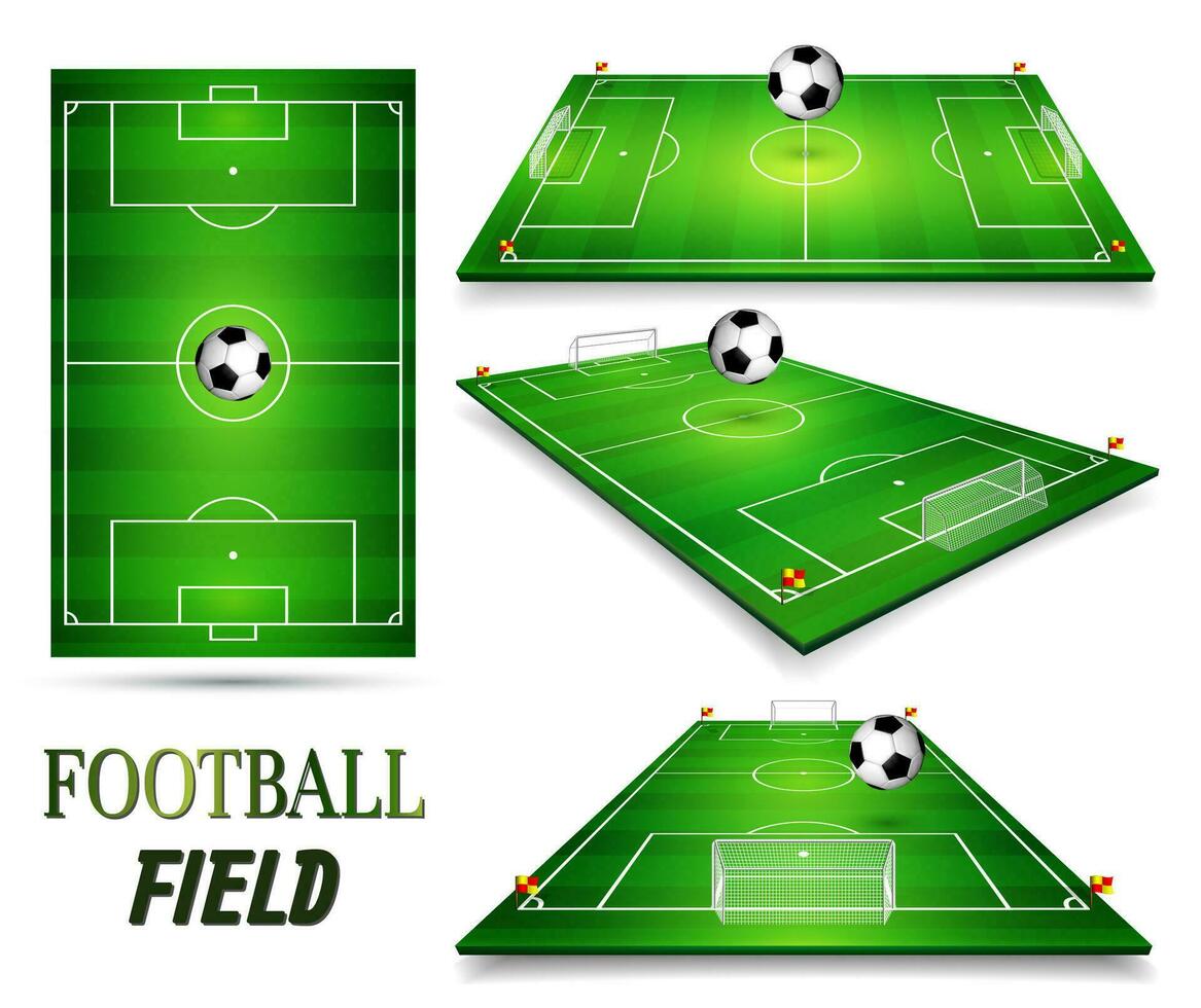 Football field, soccer field set with football ball. Perspective vector illustration. EPS 10