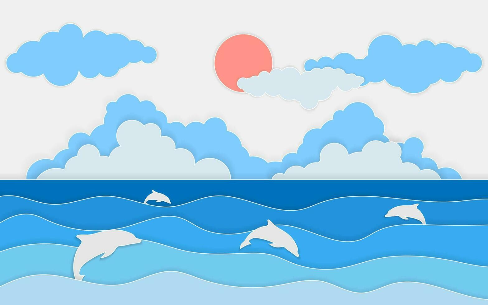 Illustration of sea view with dolphin and clouds. Paper cut and craft style. Summer background with paper waves and seacoast for banner, invitation, poster or web site designVector, illustration vector