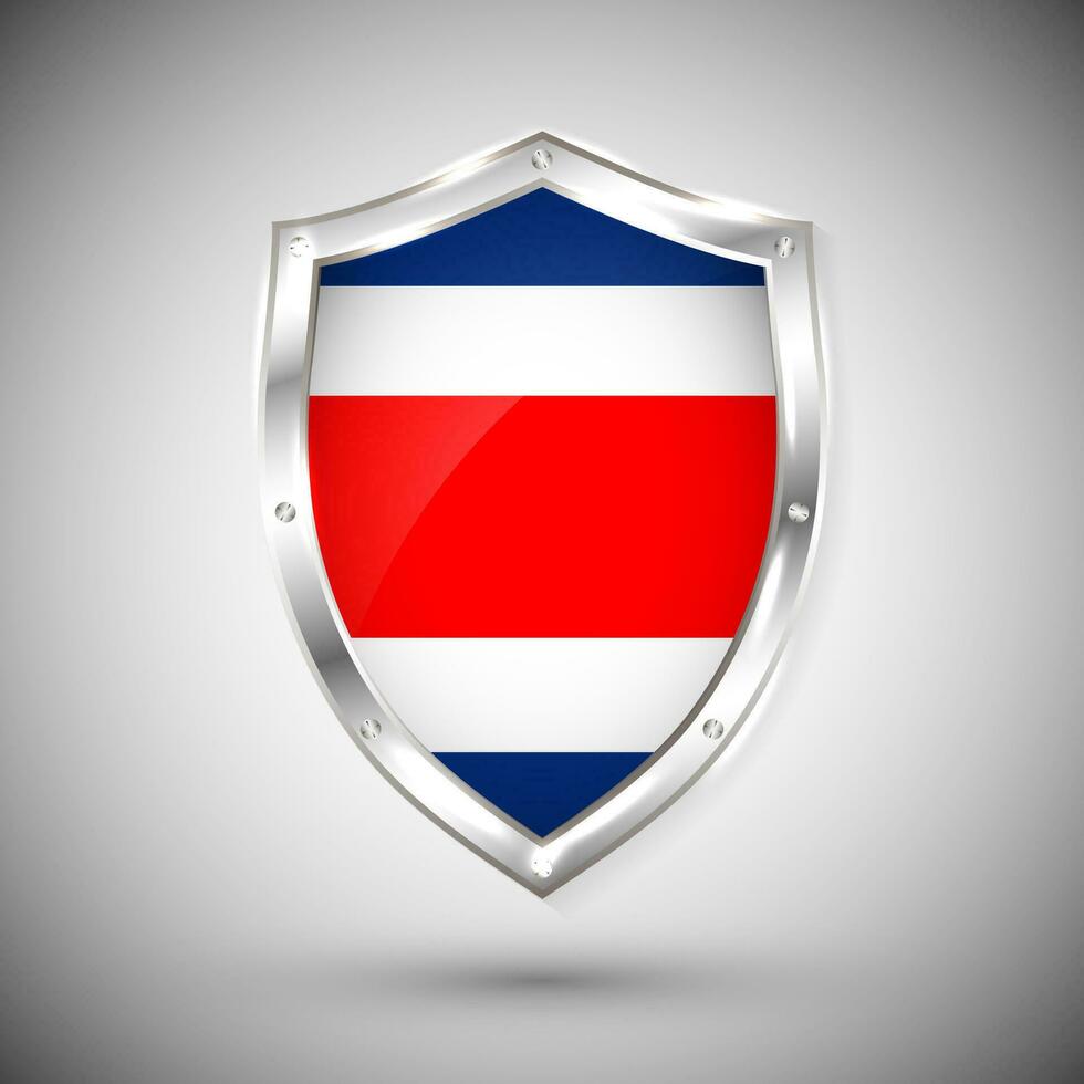 Costa Rica flag on metal shiny shield vector illustration. Collection of flags on shield against white background. Abstract isolated object