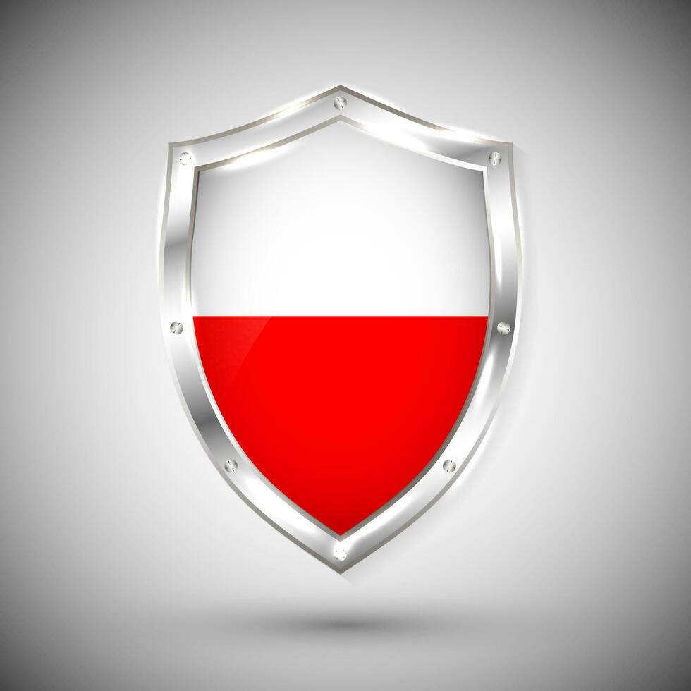 Poland flag on metal shiny shield vector illustration. Collection of flags on shield against white background. Abstract isolated object