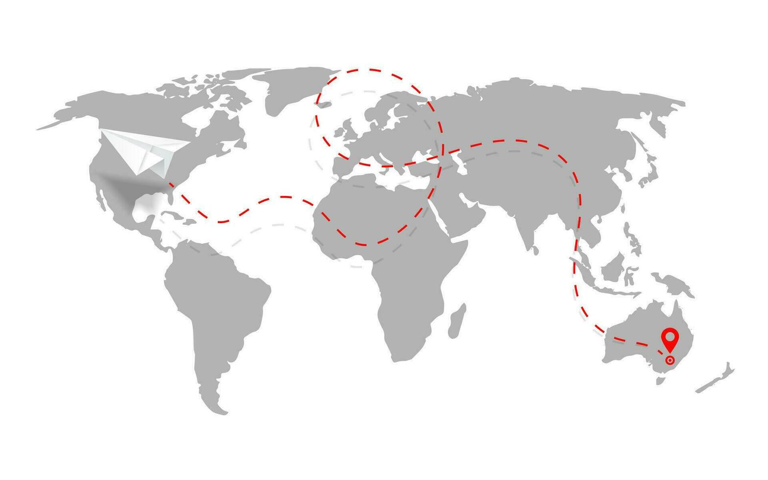 Airplane path in dashed line shape on world map. Route of paper plane with world map isolated on white background. Vector