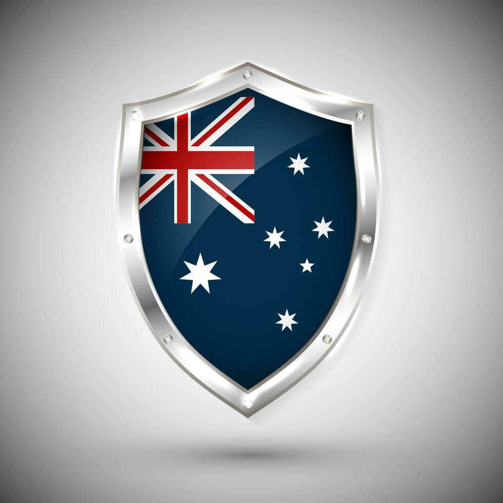 Australia bandera en metal brillante proteger vector ilustración. colección de banderas en proteger en contra blanco antecedentes. resumen aislado objeto